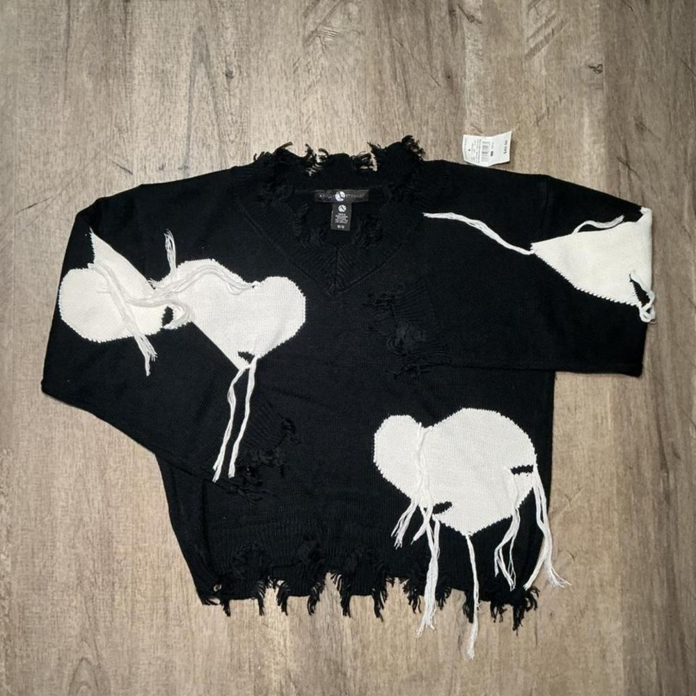Ashley Stewart Grey Distressed Ribbed Knit Sweater Cow Print Fringe Plus 10/12